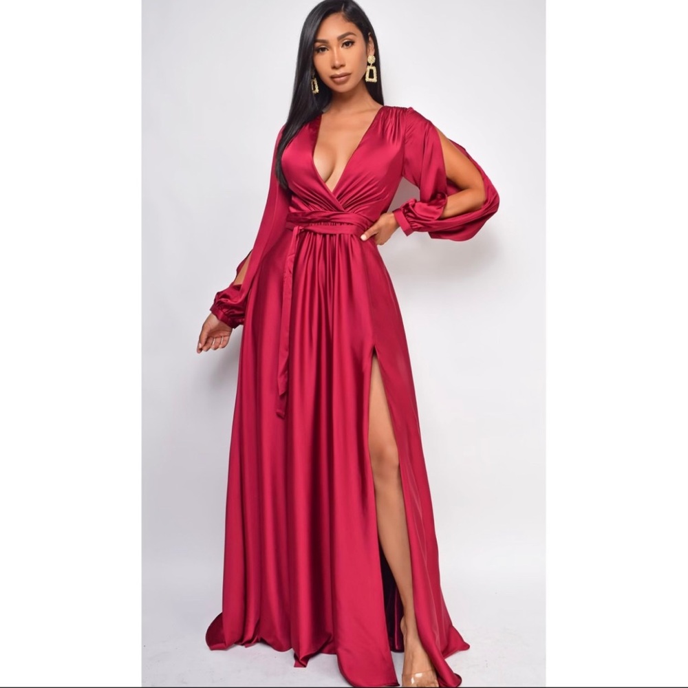 Emprada Wine Red Maxi Dress with Slits